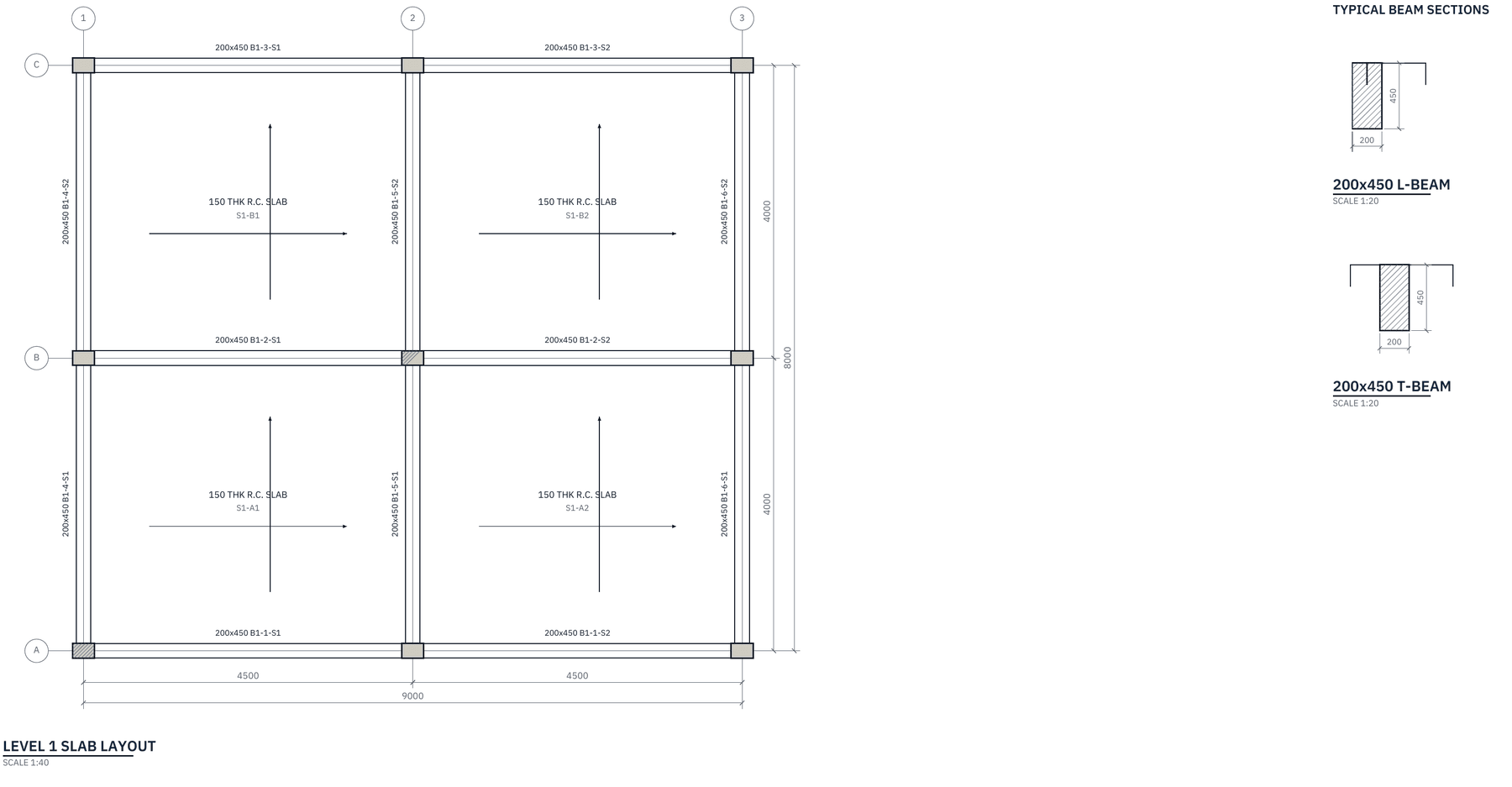 Level 1 slab layout with the typical 200 by 450 L-beam and T-beam sections, scales 1:40 and 1:20 (sheet S-02)