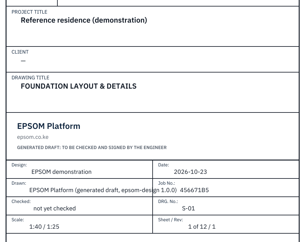 The title block of every sheet, a generated draft to be checked and signed by the engineer