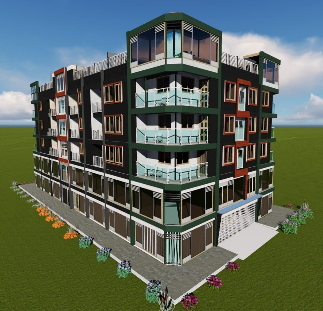 Render of a five-storey building with corner glazing, balconies and ground-floor shopfronts