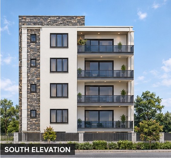 South elevation, the narrow end of the block, with four storeys of full-width balconies beside the stone-clad stair tower