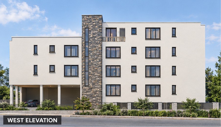 West elevation, a four-storey white rendered block beside a three-storey wing over an open car port, joined by a stone-clad stair tower with a tall slot window