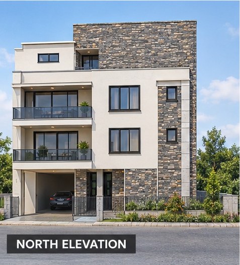 North elevation, the three-storey wing with a car port under two floors of balconies, a set-back top floor and the stone-clad tower behind