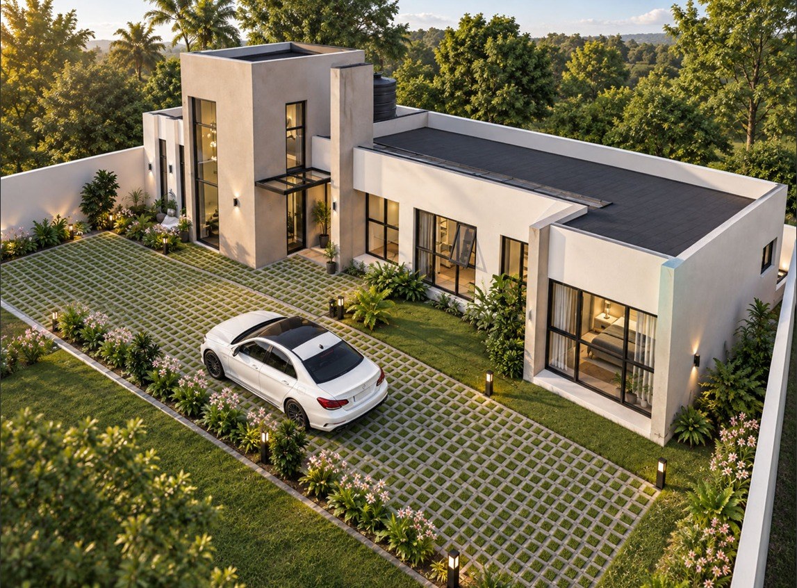 Aerial render of a single-storey house with flat roofs, a two-storey entrance block carrying a water tank, full-height windows and a grass-paved drive with a white car inside a walled garden